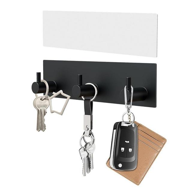 VIS'V Key Holder Wall Mount, Matte Black Self Adhesive Key Hanger Metal Small Key Rail with 3 Key Hooks Key Rack Keychain Holder with Extra Adhesive for Entryway Hallway Doorway Camper