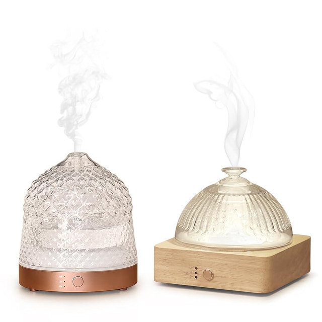 200ml Glass Reservoir Essential Oil Diffuser with Wood Base & Plastic Rose Gold Plated Base