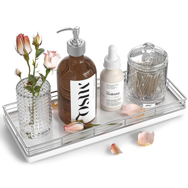 Oak Wooden Bathroom Tray for Counter, 11" L Decorative Vanity Tray for Perfume Jewelry Makeup Candle Toilet Tank Tray Sink Countertop Organizer for Soap Holder Coffee Table Bar Dresser Silver Decor