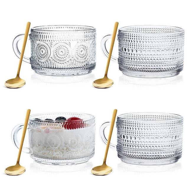 Vintage Glass Coffee Mugs Set of 4 with Spoon, 14 Oz Embossed Clear Glass Drinking Glasses Coffee Cups Stackable Coffee Mugs for Cereal, Tea, Latte, Beverage, Valentine, Birthday Christmas Gifts