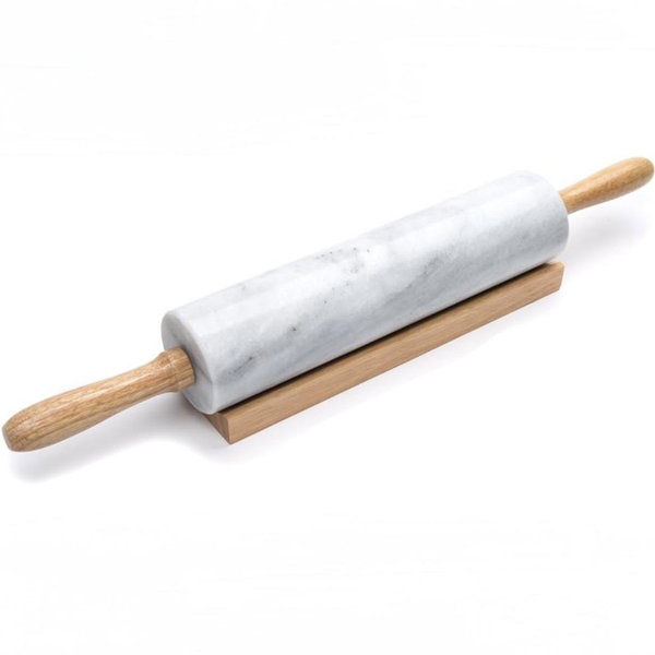 Fox Run Polished Marble Rolling Pin with Wooden Cradle, 10-Inch Barrel, White