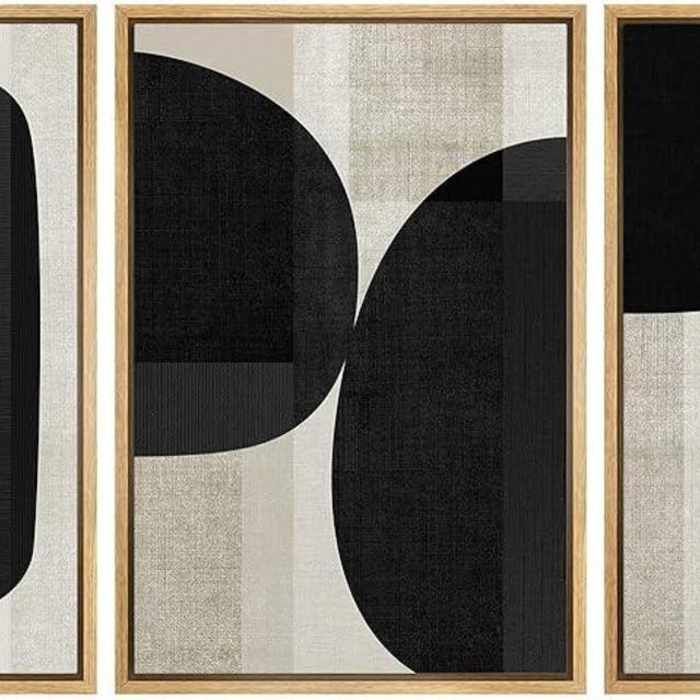 SIGNFORD Framed Canvas Print Wall Art Set Mid-Century Modern Black Polygons Abstract Shapes Illustrations Modern Art Bohemian Nordic Relax/Calm for Living Room, Bedroom, Office - 16"x24"x3 Natural