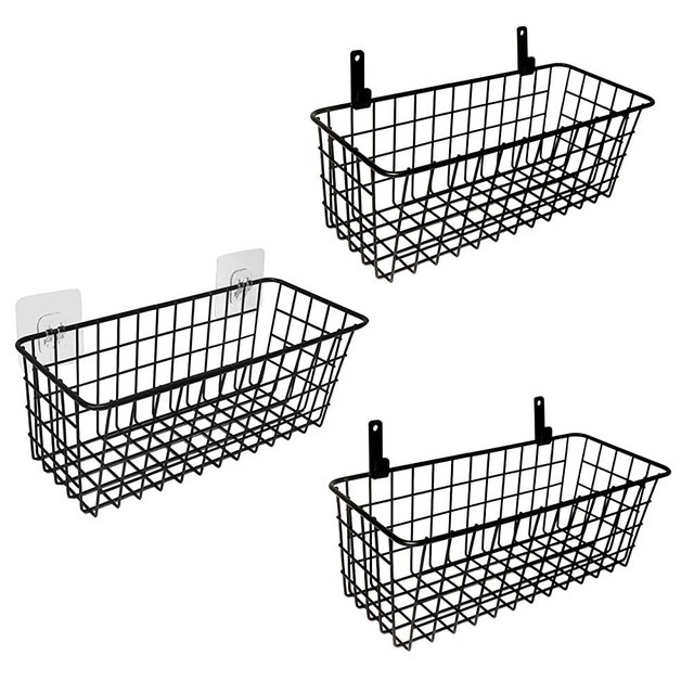 3 Set Hanging Wire Baskets ,Wall Mount Fruit Basket,No Drilling,Adhesive Small Metal Basket,Farmhouse Food Storage Mesh Bin Kitchen Pantry Laundry Bathroom Closet Garage RV ,Black