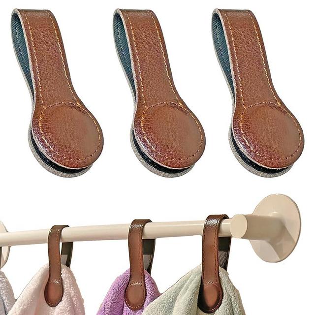 Prriudy 3 Pack Leather Towel Clips Magnetic Bath Towel Clips Hand Towel Hooks with Magnets for Towel Rods and Racks, Kitchen and Bathroom Accessory (Brown, 3 Pack)