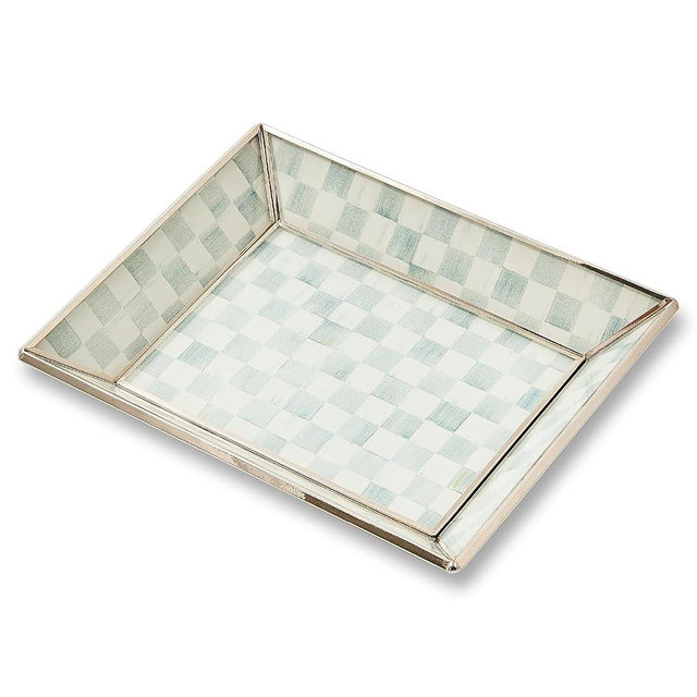 MACKENZIE-CHILDS Small Glass Tray, Decorative Catchall Trinket Dish, Gray-and-White Sterling Check