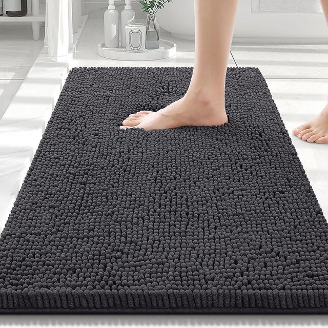 Smiry Luxury Chenille Bathroom Rugs 30x20, Extra Soft and Absorbent Shaggy Bath Mat, Machine Washable, Non-Slip Plush Carpet Runner for Tub, Shower, and Floor, Home Decor Accessories, Charcoal Grey