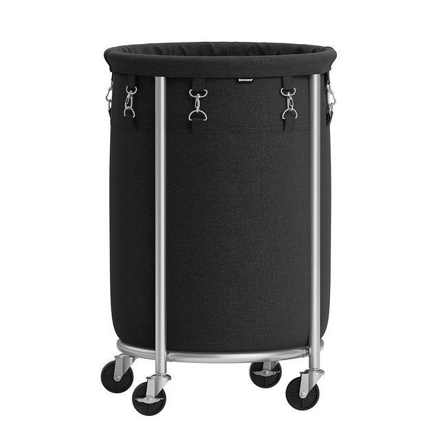 SONGMICS Laundry Basket with Wheels, Rolling Laundry Hamper, 18.5 Gal., Round Laundry Cart with Steel Frame and Removable Bag, 4 Casters and 2 Brakes, Black and Silver URLS006B01
