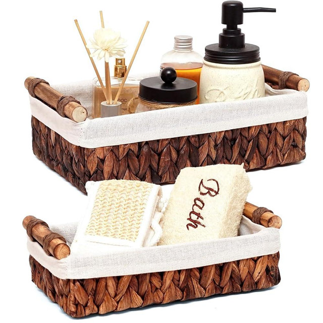 DUOER Round Paper Rope Storage Basket Wicker Baskets for Organizing with Handle Decorative Storage Bins for Countertop Toilet Paper Storage Basket for Toilet Tank Top Small Baskets Set (Set of 2,Dark Brown)