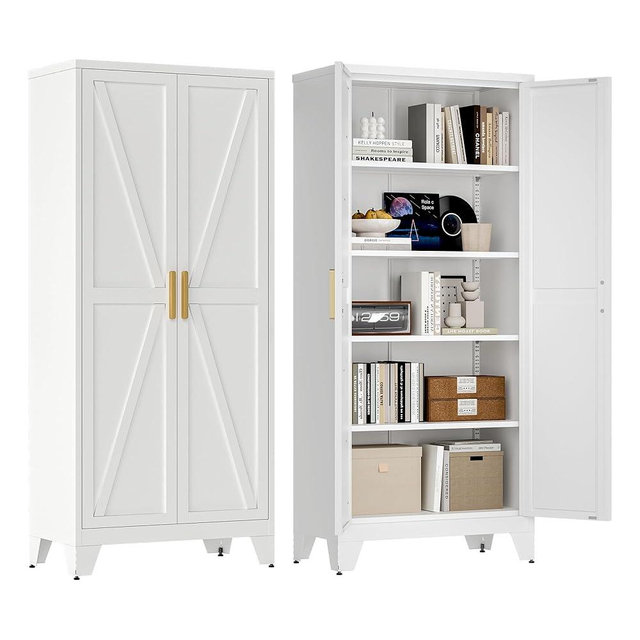 Washsemba 71'' Farmhouse Metal Storage Cabinet with Barn Doors,Steel File Cabinet for Home Office,Kitchen Pantry 4 Adjustable Shelves,Freestanding Cupboard for Kitchen,for Home Office,School (White)