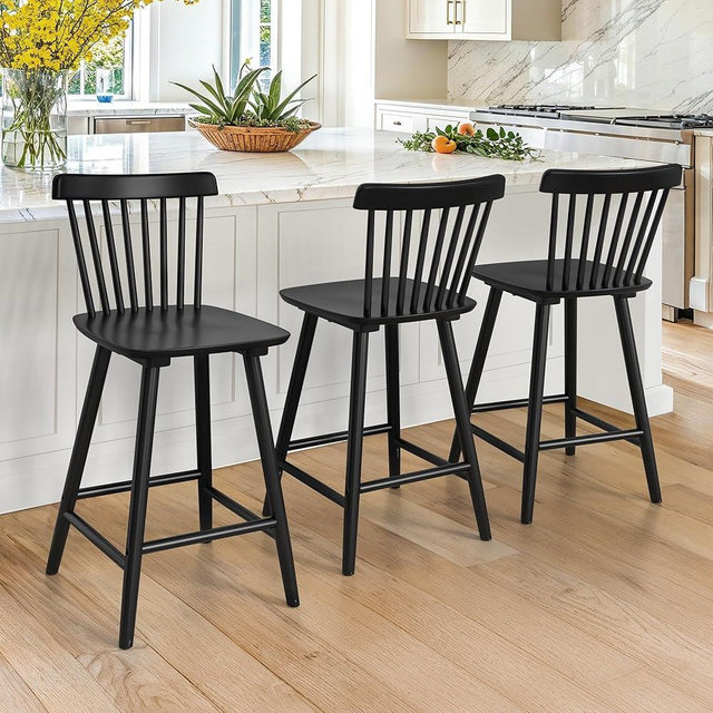 LUE BONA Upgraded Windsor Wooden Black Bar Stools Set of 3, 24 Inch Counter Height Barstools with Spindle Back/Bigger Seat for Kitchen Island
