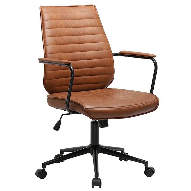 Brown Leather Office Chair, Ergonomic Mid-Back Executive Conference Task Chair, Ribbed Height Adjustable Swivel Rolling Chair for Home Office
