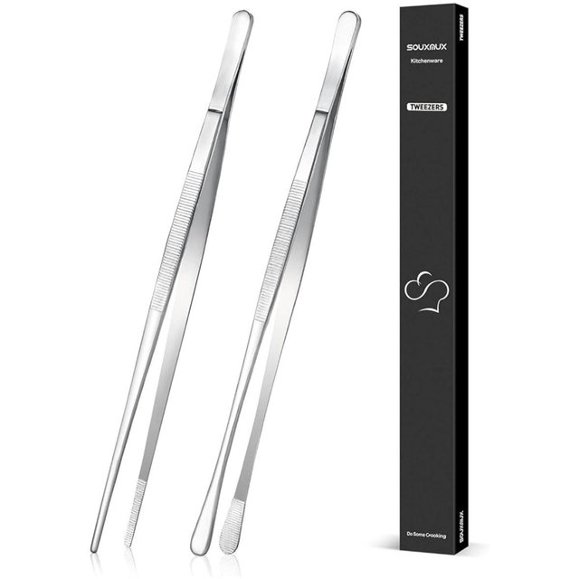 2 Pcs 12-inch Cooking Tweezers Tongs Precision Serrated Tips, Stainless Steel Professional Chef Tweezer Kitchen Tools for BBQ, Plating and Serving（Silver）