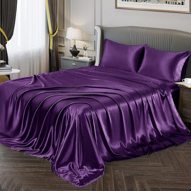 Vonty Satin Sheets Full Size Silky Soft Satin Bed Sheets Dark Purple Sheet Set, 1 Deep Pocket Fitted Sheet + 1 Flat Sheet + 2 Pillowcases