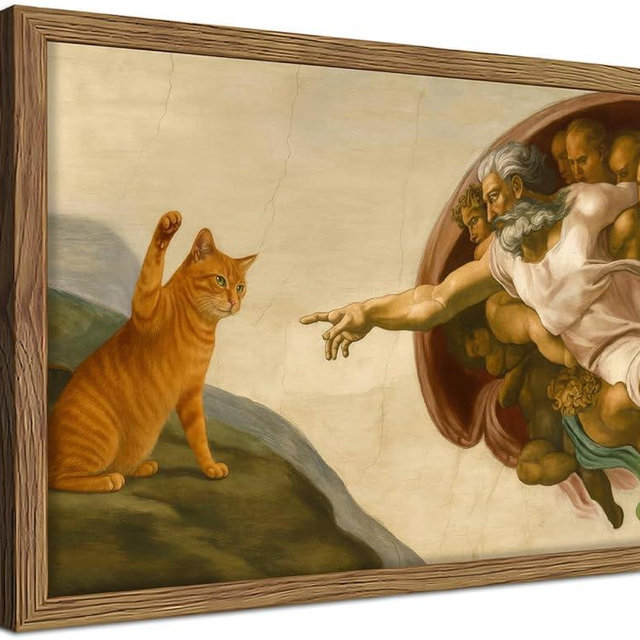 Framed Vintage Cat Canvas Wall Art, Funny Orange Cat Parody Classic Masterpiece Prints, Renaissance-Inspired Animal Artwork, Retro Humorous Wall Decor for Living Room Bedroom Playroom – 12x16 inch