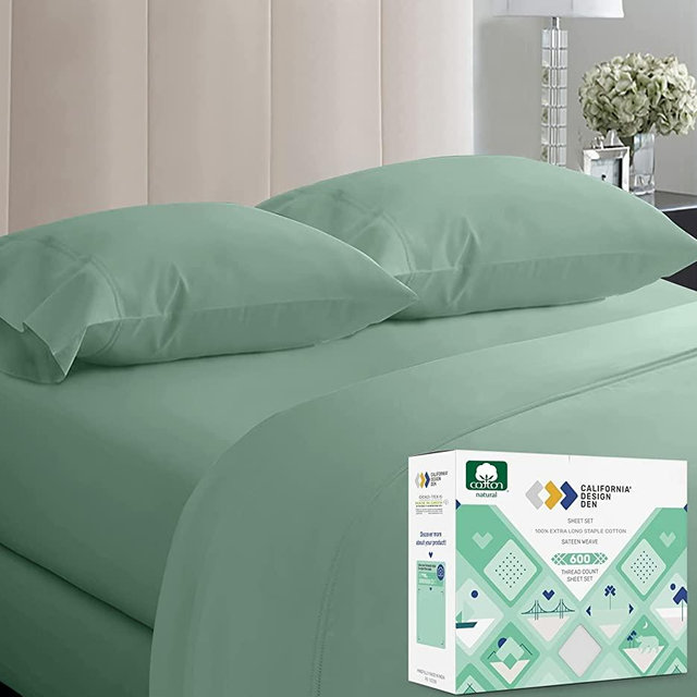 600 Thread Count 4pc California King Sage Green Sheet Set - Bed Sheet Made of Extra Long Staple Combed Cotton Superior Than Egyptian Cotton, Fits Mattress 16'' Deep Pocket, Sateen Weave, Soft Cotton