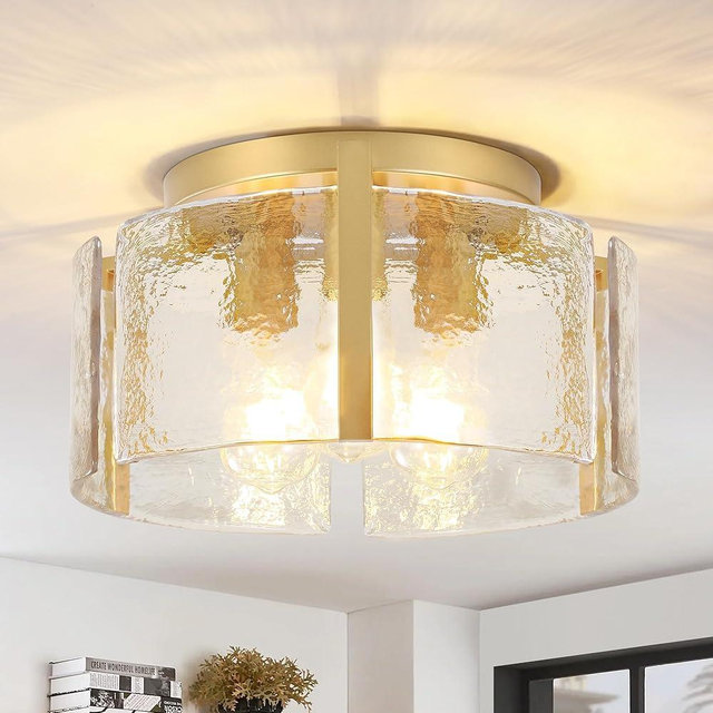 ZXFDWB Gold Semi Flush Mount Flush Mount Ceiling Light,15''Modern Hallway Light Fixtures Ceiling Mount,3-Light Drum Glass Ceiling Lights for Kitchen Entryway Foyer Dining Room Bedroom Laundry