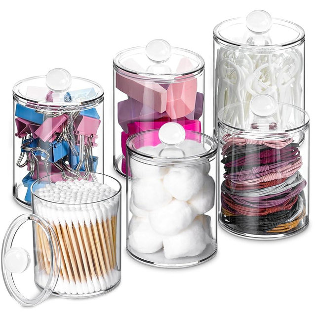 XIPENGKEJI 6 Pack Qtip Holder,Canister Apothecary Jar Set, Bathroom Jars with Lids Set for Cotton Swabs, Balls, Pads, Floss Picks,10oz-12oz Plastic Canisters Restroom Bedroom Vanity Organizer(Clear)