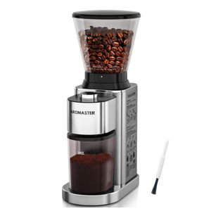 Aromaster Conical Coffee Bean Grinder with 48 Gind Settings,Burr Coffee Grinder for Home Use,Stainless Steel,40 Seconds Adjustable Timer,Anti-static,Easy to Clean with Brush,Classic Silver