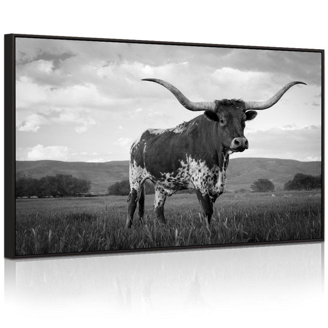 Visual Art Decor XLarge Animals Canvas Wall Art Texas Longhorn Giclee Canvas Prints Painting with Black Floater Frame for Modern Home Living Room Decoration (28"x40")