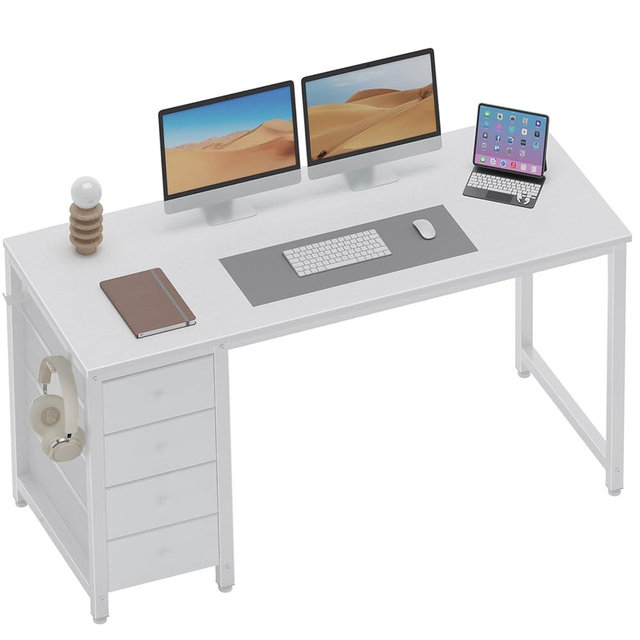 Lufeiya White Computer Desk with Drawers - 55 Inch Long Study Work Writing Desk for Home Office Bedroom, Simple Modern Cute PC Desks with Fabric Drawer, White