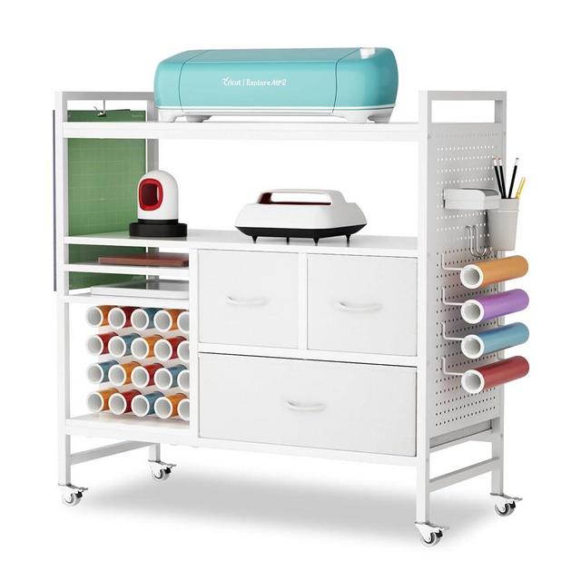 PUNLUXU Organizers and Storage Compatible with Cricut Machines - Vinyl Roll Holder, DIY Pegboard with Accessories Organizer, Rolling Craft Table with Storage Cabinet Workstation PU-04 Patent Protected