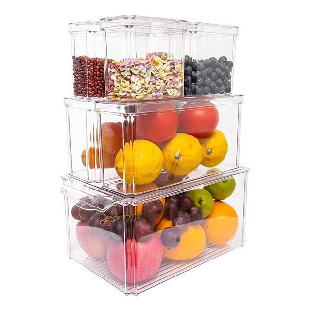 Pomeat Set of 7 Fridge Organizer Stackable Refrigerator Organizer Bins, Clear Plastic Storage Bins, Kitchen Organization and Storage, Pantry Storage Bins for Veggie, Berry, Fruits, Vegetables, Meat