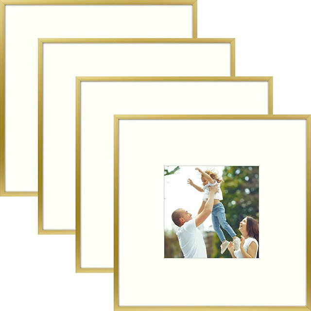 Golden State Art, Aluminum Picture Frame and Real Glass -8x8 Picture Frame with Mat for 4x4 Photo Display-Wall Decor or Tabletop Display (Gold, 4-Pack)