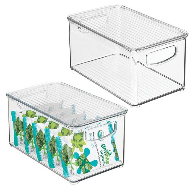mDesign Plastic Stackable Storage Bin Organizer w/Handles for Kitchen, Bathroom, Pantry, Refrigerator, Freezer Organization, Holds Food, Fruit, Jars, Packets, Snacks, Pasta - 2 Pack - Clear/Clear