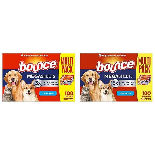 Bounce Pet Hair and Lint Guard Mega Fabric Softener Dryer Sheets with 3X Pet Hair Fighters, Fresh Scent, 180 Count (Packaging May Very) (Pack of 2)