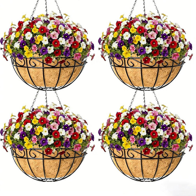 GYATSOCYG 4 Pack 12 Inch Metal Hanging Planter Basket，Natural Round Coconut Hanging Plant Flower Pot，Coconut Coir Planter for Hanging Basket Flowers/Vegetables Home Garden Patio Decoration Flower