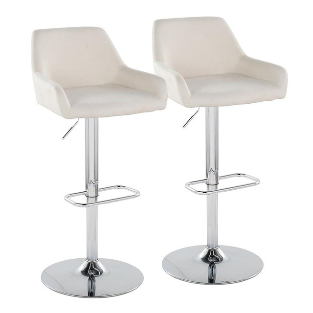 Daniella Contemporary Adjustable Barstool Set of 2 - Chrome & Cream - Kitchen & Bar Height Stools with Swivel and Footrest