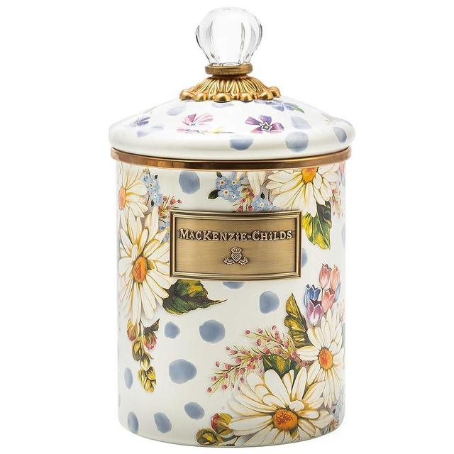 MACKENZIE-CHILDS Wildflowers Enamel Canister, Medium Enamelware Storage Canister with Lid, Cute Cookie-Holder Tin, Blue