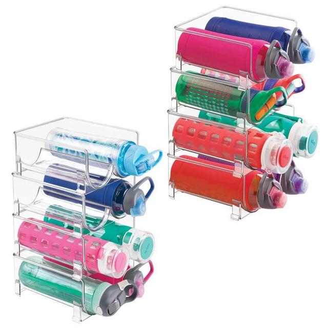 mDesign Plastic Freestanding Water Bottle Storage Organizer for Kitchen Countertop, Table, Pantry, Fridge - Holds Water Bottles, Pop/Soda, Wine, Beer - Stackable, 2 Bottles Each, 8 Pack - Clear