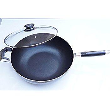 Home N Kitchenware Collection Aluminum Wok Pan with Glass Lid, Heavy Gauge, Stir Fry Pan w/Glass Lid (13 Inch)