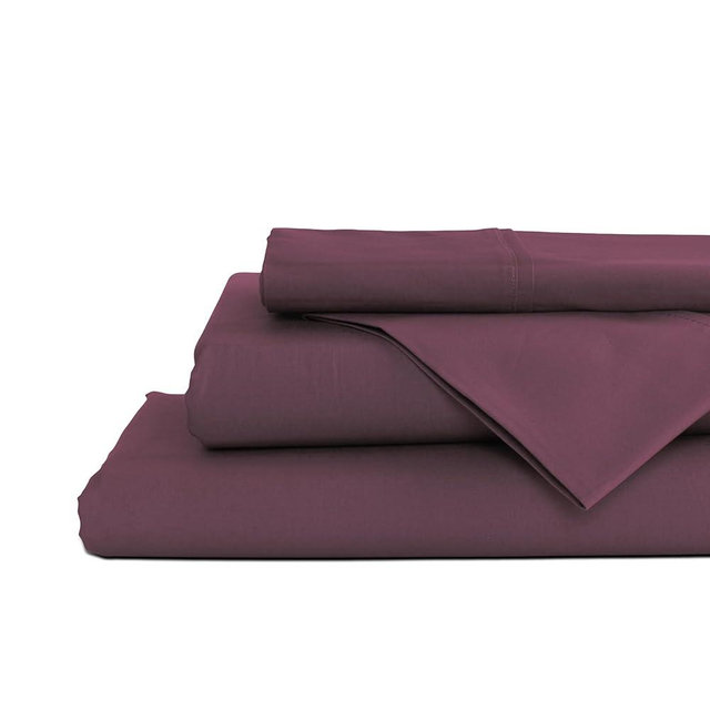 Linen Home 100% Cotton Percale Sheets Queen Size, Damson Berry, Deep Pocket, 4 Pieces Set - 1 Flat, 1 Deep Pocket Fitted Sheet and 2 Pillowcases, Crisp Cool and Strong Bed Linen