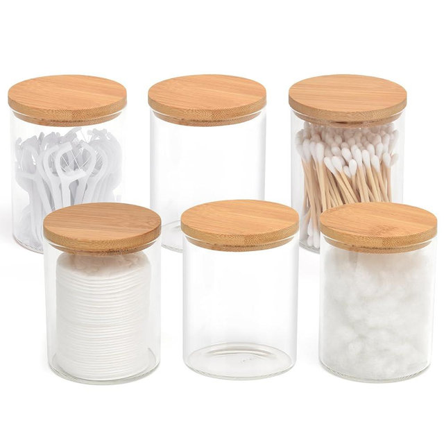 BKYFPQ 6 Pack Glass Qtip Holder Dispenser Set - Apothecary Jars with Lids for Vanity Makeup Organizer - Bathroom Canister Storage Organizer for Cotton Ball, Cotton Swab, Cotton Round Pads,Floss
