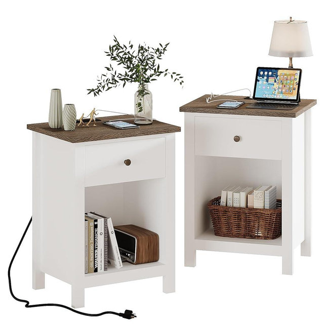 ChooChoo Farmhouse Nightstand Set of 2,Night Stand with Charging Station, Wooden Top Bedside End Table with Drawer and Storage Space for Bedroom, White