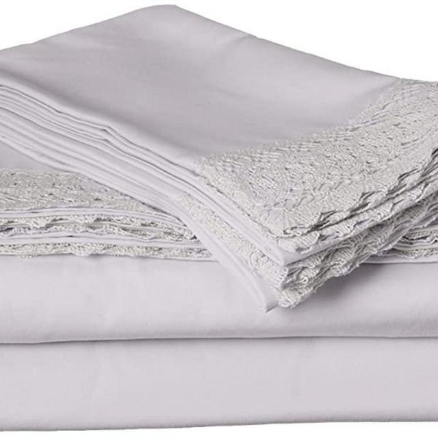 Amrapur Overseas 4-Piece Crochet Lace Bed Sheet Set, King, Dove Grey