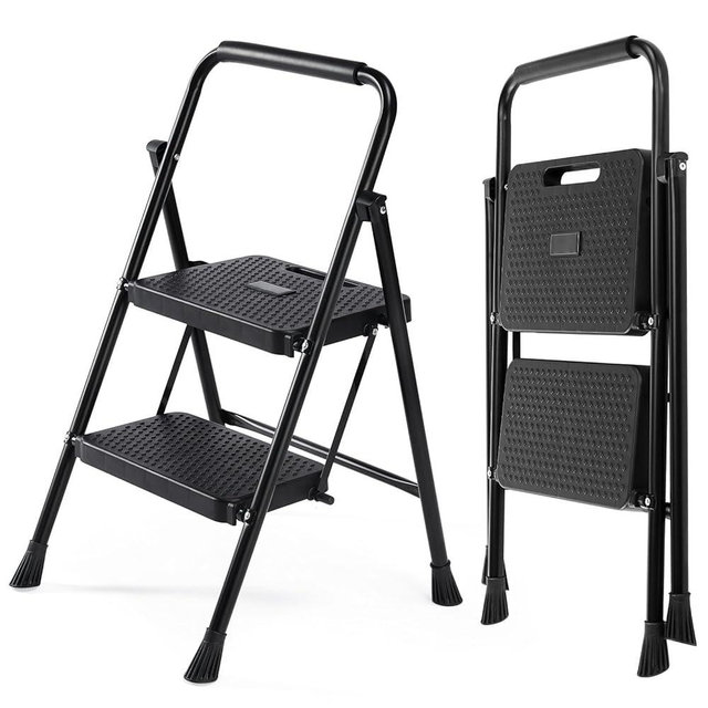 DUMOS Step Ladder, 2 Step Stool Foldable with Anti-Slip Pedal 800lbs Capacity Sturdy Steel Ladder, Portable Heavy Duty Step Stool for Kitchen, Garage & Outdoor Use, Black