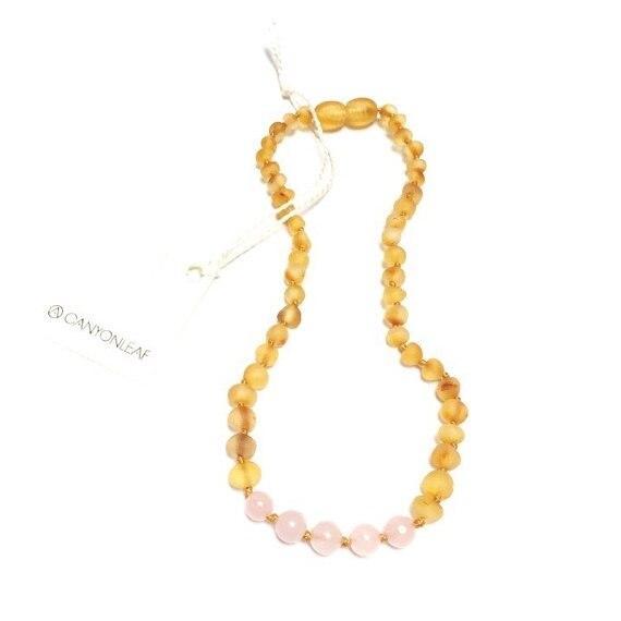 Amber Teething Necklace - Raw Honey and Rose Quartz