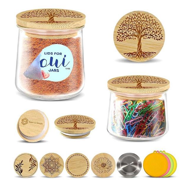 4-24 Oui Jar Lids | Beautiful Tree of Life Pattern or Choose a Pattern | Bamboo Wooden Lids for Oui Yogurt Jars for Regular or Petite (Dessert) Jars | 4 pieces