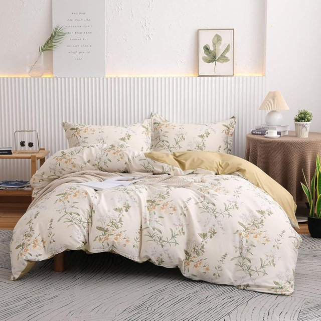 OAITE Duvet Cover Set Queen Size Floral Pattern 600 Thread Count Ultra Soft 100% Long Staple Cotton Duvet Cover Sets 3-PC, Breathable Duvet Cover with Zipper Closure & Corner Ties