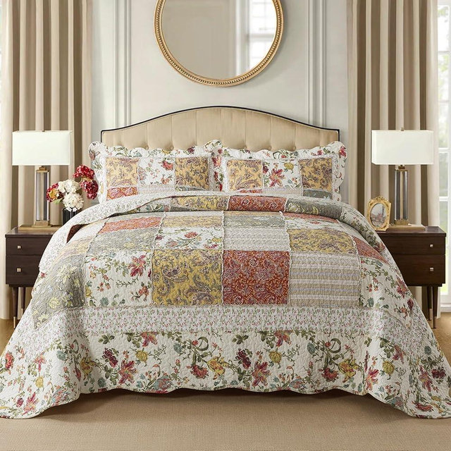 Etwel Queen Quilt Bedding Set Patchwork, Cotton Bedspread Coverlet Lightweight, Floragrid Beige Comforter for All Season, Soft Reversible Bed Cover with 2 Pillow Shams