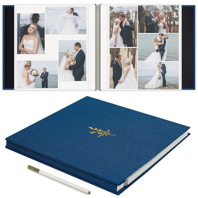 Remowith Self Adhesive Photo Album, Navy Blue Scrapbook Album with DIY 60 Blank Pages, Wedding Photo Album with A Metallic Pen for 4x6 5x7 2x3 Pictures,12.9"x13.4"