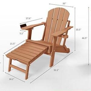 VINGLI Back-Adjustable Plastic Folding Adirondack Chairs with Retractable Footrest & 2-in-1 Cup Holders, Waterproof HDPE Outdoor Fire Pit Chairs for Patio, Pool, Capacity 400 LBS, Teak