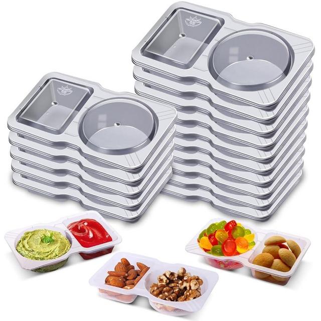 Qewro 15 Sets Double Compartment Condiment Container With Lids, Reusable Snack Container for Sauces and Snacks, Disposable Snack Containers, Ideal for On-the-Go Meals and Parties (15Pack)
