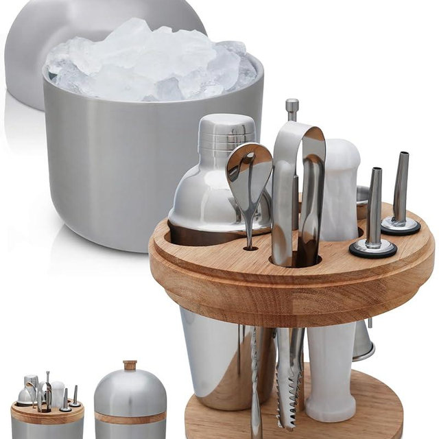 Gusto Nostro Cocktail Set Bartender Kit with Stainless Steel Ice Bucket - Complete Mixology Bar Tool Set with Wooden Organizer, Cocktail Shaker, Jigger, Muddler, Spoon, Tongs, Pourers, Recipe Cards