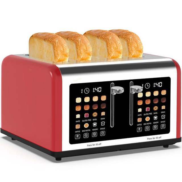 4 Slice Toaster Touch Screen, Stainless Steel Toasters Digital Timer, Dual Control Panel Toasters, 8 Shade Settings 6 Bread Types for Bagel, Cancel, Defrost 1650W Red