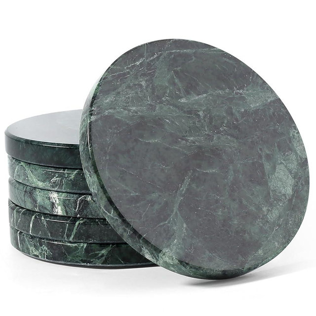 Marble Coasters Set of 6 Green - 4" Round Stone Coasters for Drinks - Luxury Marble Coasters for Coffee Table - Elegant Heat Tolerant Table Decor for Home, Office, Dining, Ideal Housewarming Gift