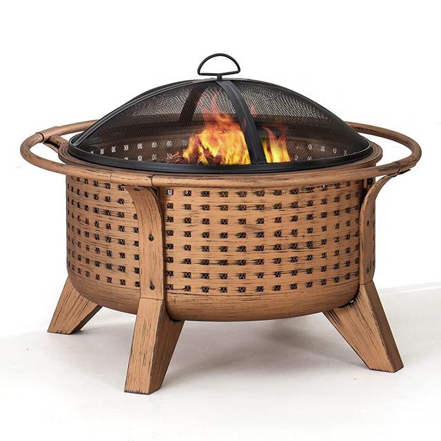 Sunjoy 30 in. Outdoor Wood-Burning Fire Pit, Patio Woven Round Steel Firepit Large Fire Pits for Outside with Spark Screen and Poker